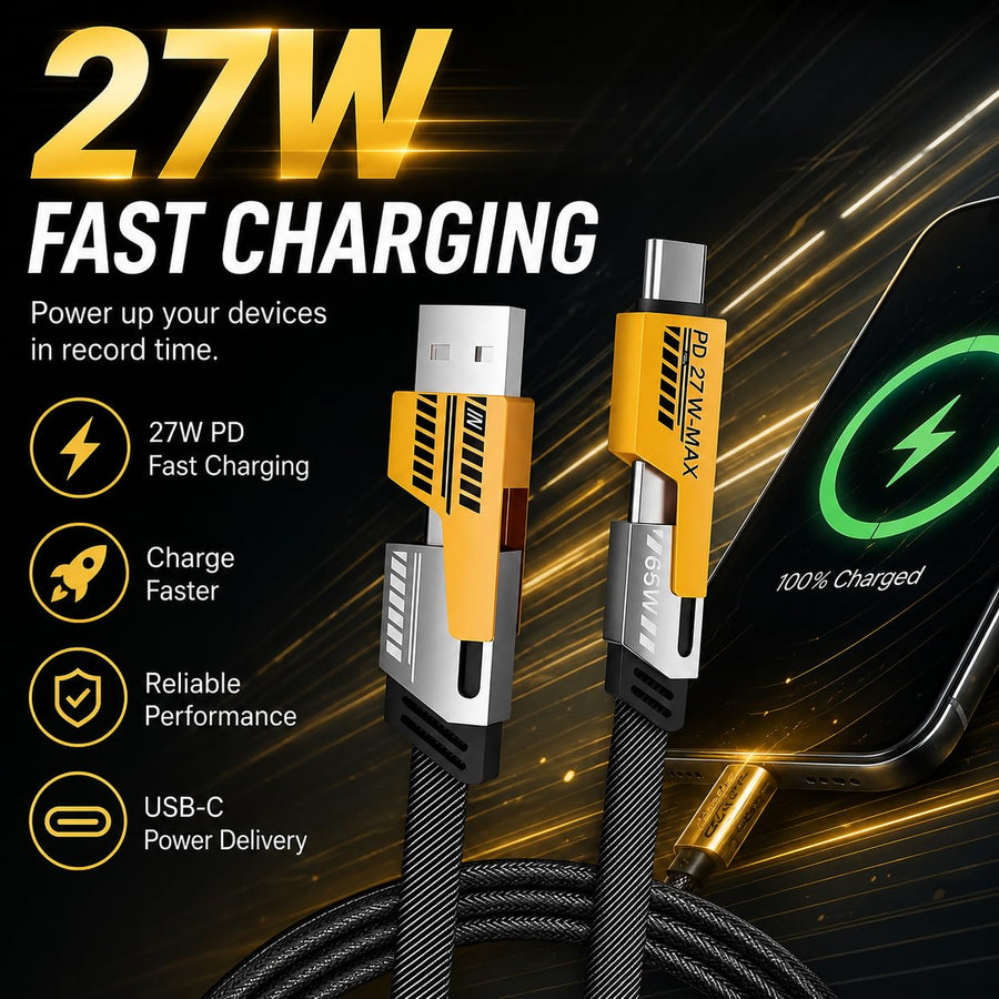 4-In-1 USB-C Charging Cable, Tangle-Free Nylon Braided Multi Charging Cord, USB-A & USB-C Inputs, PD 27W Fast Charge, Compatible with Iphone, USB-C Devices, Tablets & Phones (6.6FT)