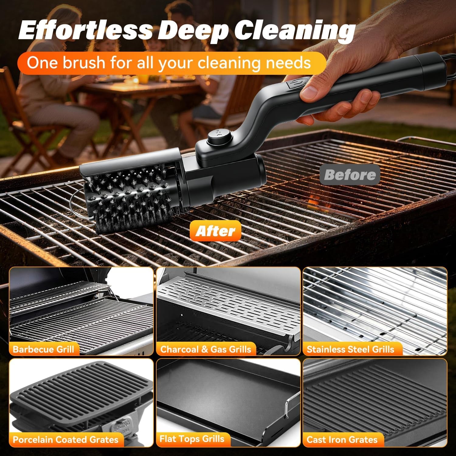 Electric Grill Brush for Outdoor Grill - Cordless Rechargeable Grill Cleaner with 180-Min Runtime, 3 Speeds, 545°F Heat Resistant, 180° Adjustable Angle, 2-In-1 Heavy-Duty BBQ Cleaning Kit