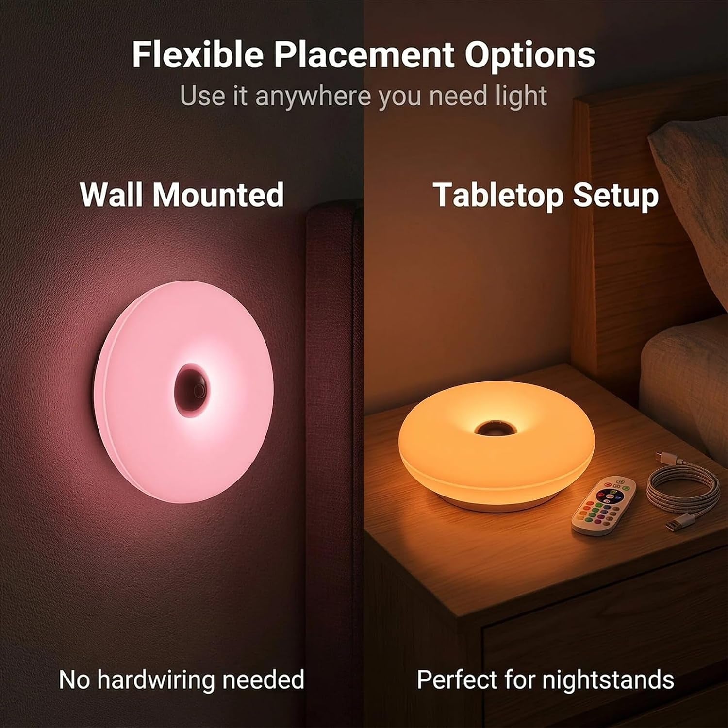 Donut Lamp, RGB 16-Color Dimmable LED Light, Wall Mount or Desktop Use
