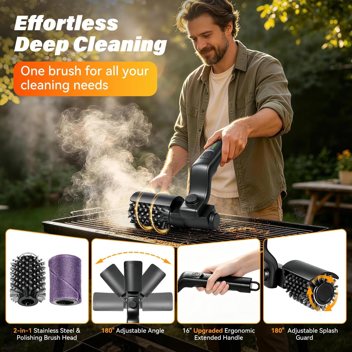 Electric Grill Brush for Outdoor Grill - Cordless Rechargeable Grill Cleaner with 180-Min Runtime, 3 Speeds, 545°F Heat Resistant, 180° Adjustable Angle, 2-In-1 Heavy-Duty BBQ Cleaning Kit
