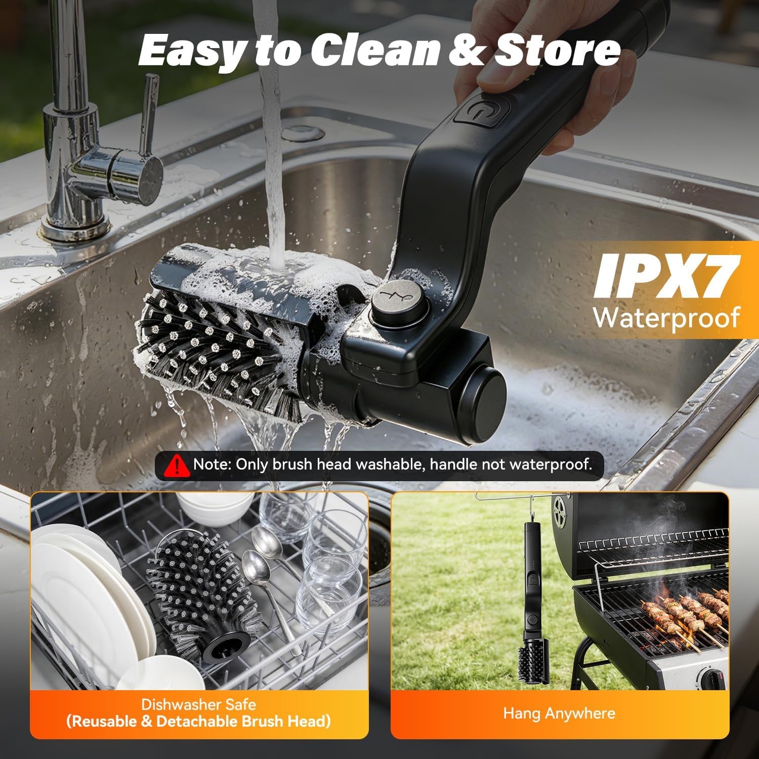 Electric Grill Brush for Outdoor Grill - Cordless Rechargeable Grill Cleaner with 180-Min Runtime, 3 Speeds, 545°F Heat Resistant, 180° Adjustable Angle, 2-In-1 Heavy-Duty BBQ Cleaning Kit