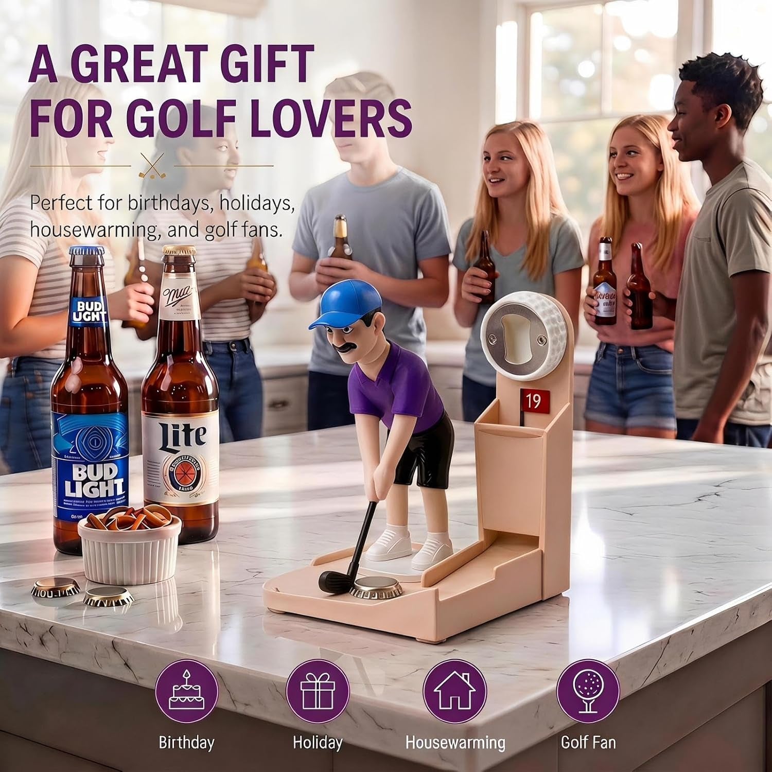 Golf Bottle Opener Game, Automatic Beer Cap Launcher & Catcher, Fun Bar Accessories for Home, Man Cave Decor, Novelty Golf Lover Gifts for Men, Dad(Nude)