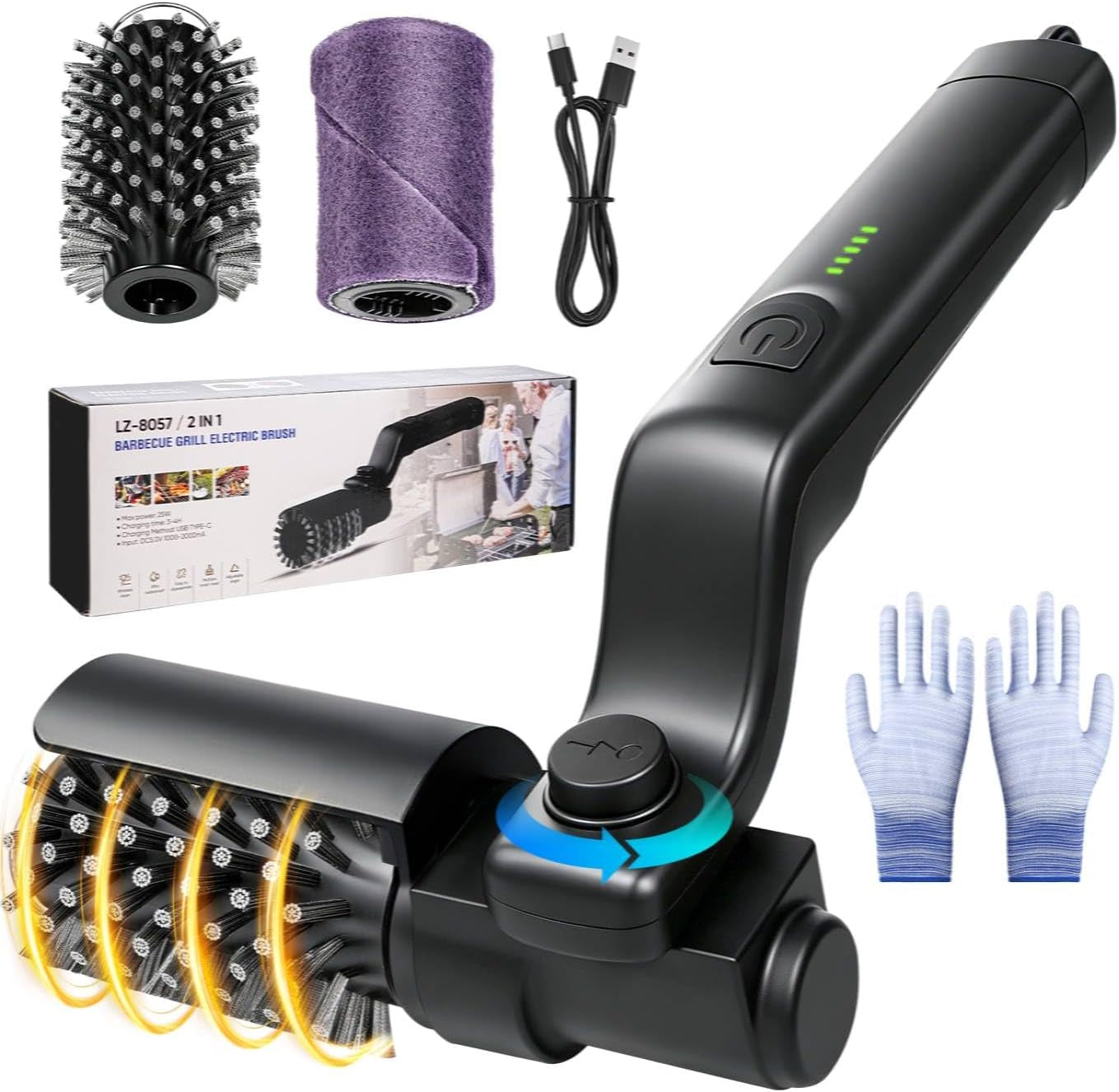 Electric Grill Brush for Outdoor Grill - Cordless Rechargeable Grill Cleaner with 180-Min Runtime, 3 Speeds, 545°F Heat Resistant, 180° Adjustable Angle, 2-In-1 Heavy-Duty BBQ Cleaning Kit