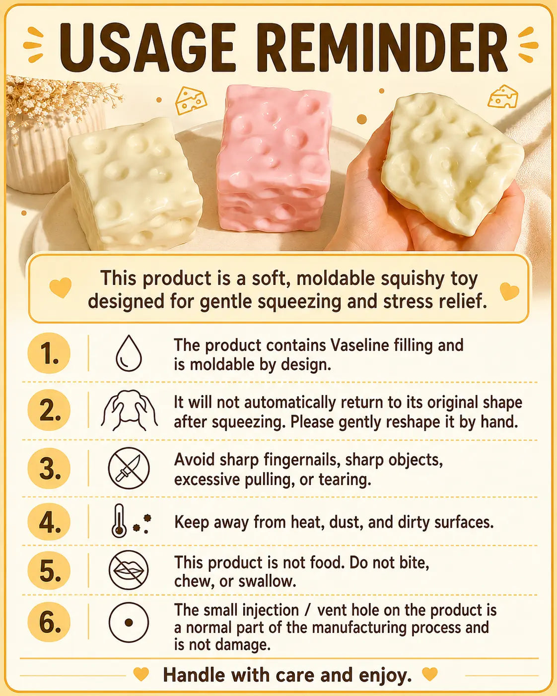 Fully Moldable Non-Rebound Cheese Squishy Toy - Pink & Yellow Petroleum Jelly-Filled Soft Gel Stress Ball, 6Cm/7Cm Jumbo Squishies Toys, Sensory Fidget Self Care Gadgets for ASMR Relaxation, Unique Relaxing Gifts
