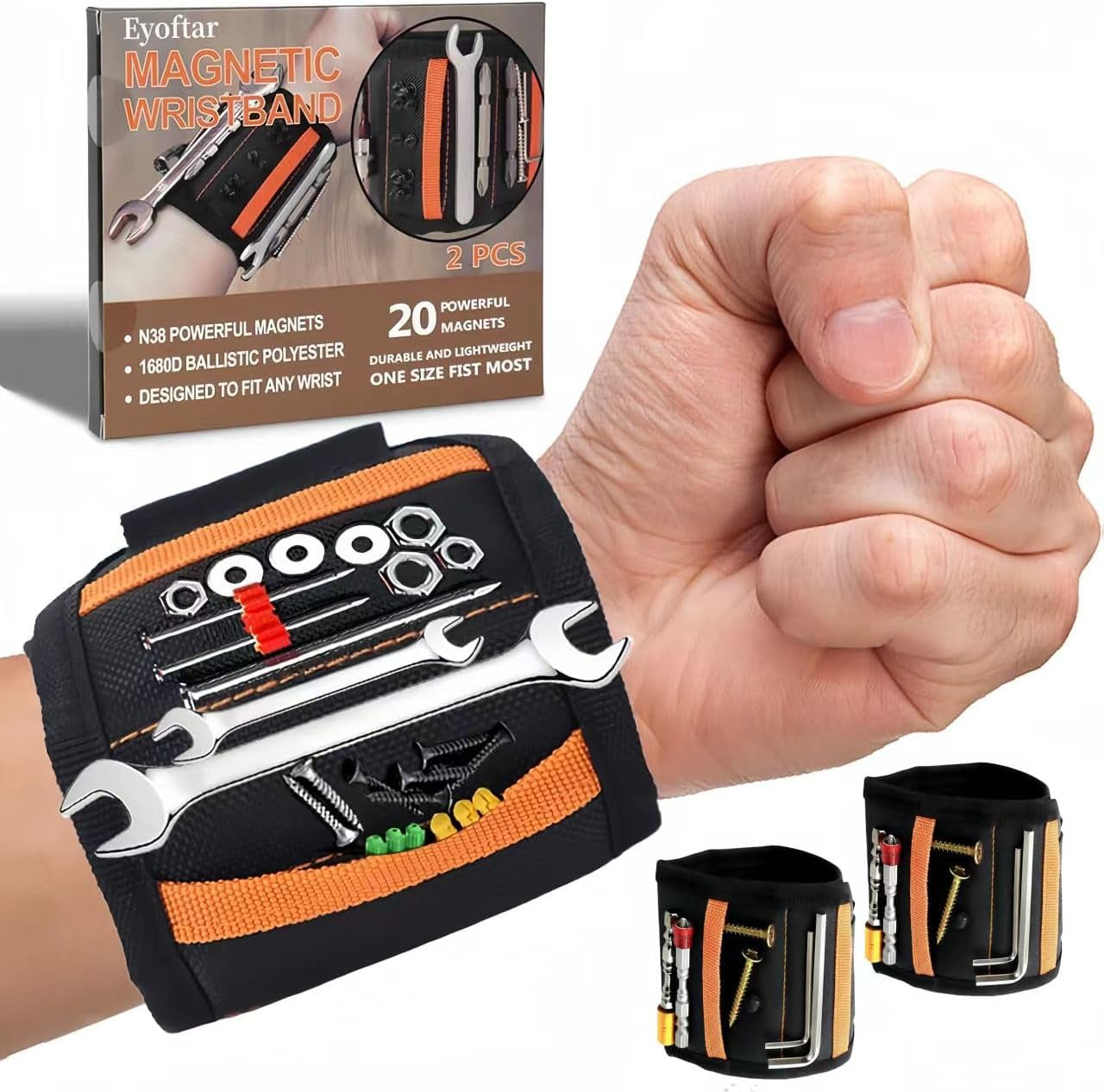 Magnetic Wristband for Tools (2-Pack) - Premium Tool Belt for Men, Heavy-Duty 20-Magnet Holds Screws DIY & Construction, Gift for Men, Cool Gadgets for Husband, Grandpa, Handyman